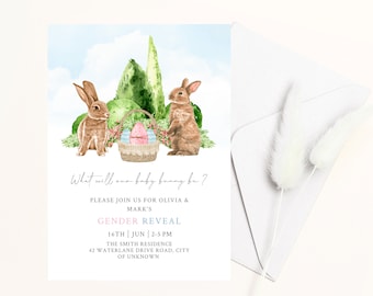 Invitación para revelar el género del conejito de Pascua: Acuarela primaveral (Descarga digital)