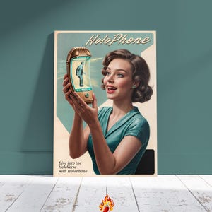 May include: A vintage-style poster featuring a woman holding a HoloPhone, a retro-futuristic device. The poster has the text "HoloPhone" and "Dive into the Holoverse with HoloPhone". The woman is wearing a teal dress and has brown hair.