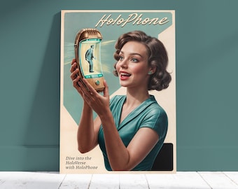 Póster holográfico de futurismo retro de los años 50 / Impresión publicitaria de ciencia ficción vintage mate
