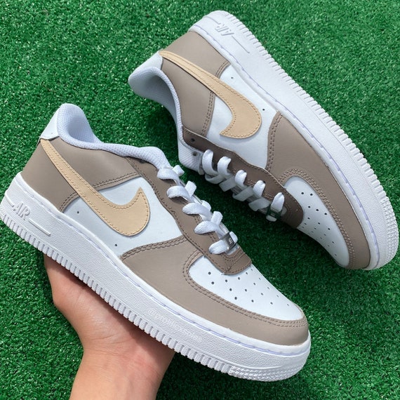 Brown Neutral - Custom Kids Nike Air Force 1 - Beige Khaki Sneakers