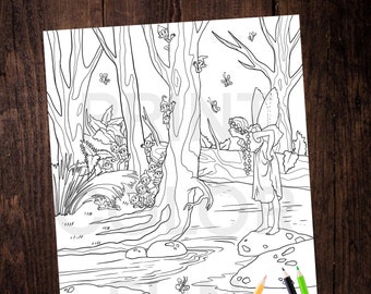 Página para colorear de cuento de hadas, Descarga digital A4 y carta estadounidense, Coloración de fantasía, Hada en el bosque