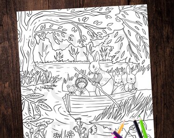 Animals on Boat Coloring Page, Instant Download Coloring Page, Fantasy Animal Coloring Page