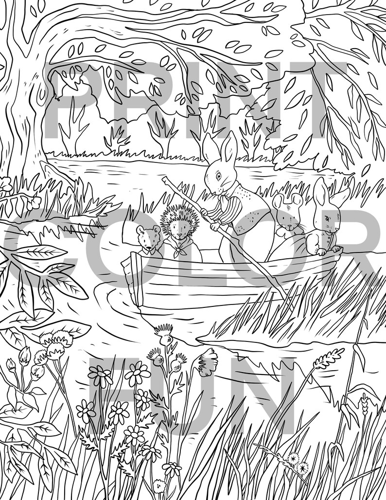 Animals on Boat Coloring Page, Instant Download Coloring Page, Fantasy