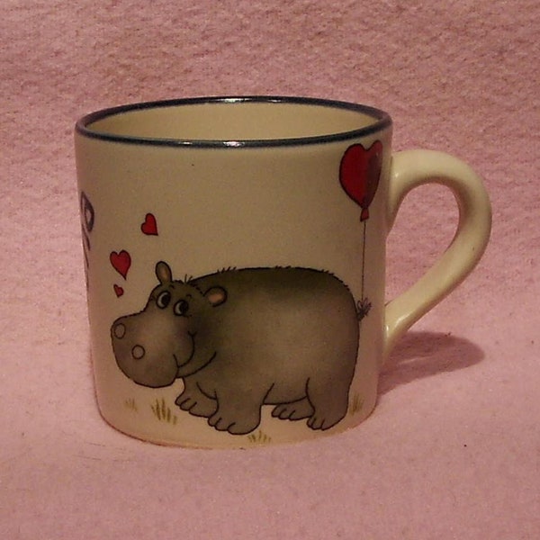 Vintage pottery name cup hand-painted hippopotamus with heart