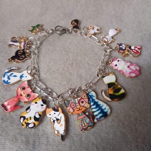 Könnte beinhalten: Ein silbernes Charm-Armband mit zahlreichen bunten Katzen-Anhängern. Die Anhänger zeigen Katzen in verschiedenen Posen und Designs, darunter Calico-, gestreifte und gemusterte Katzen. Das Armband hat einen Karabinerverschluss.