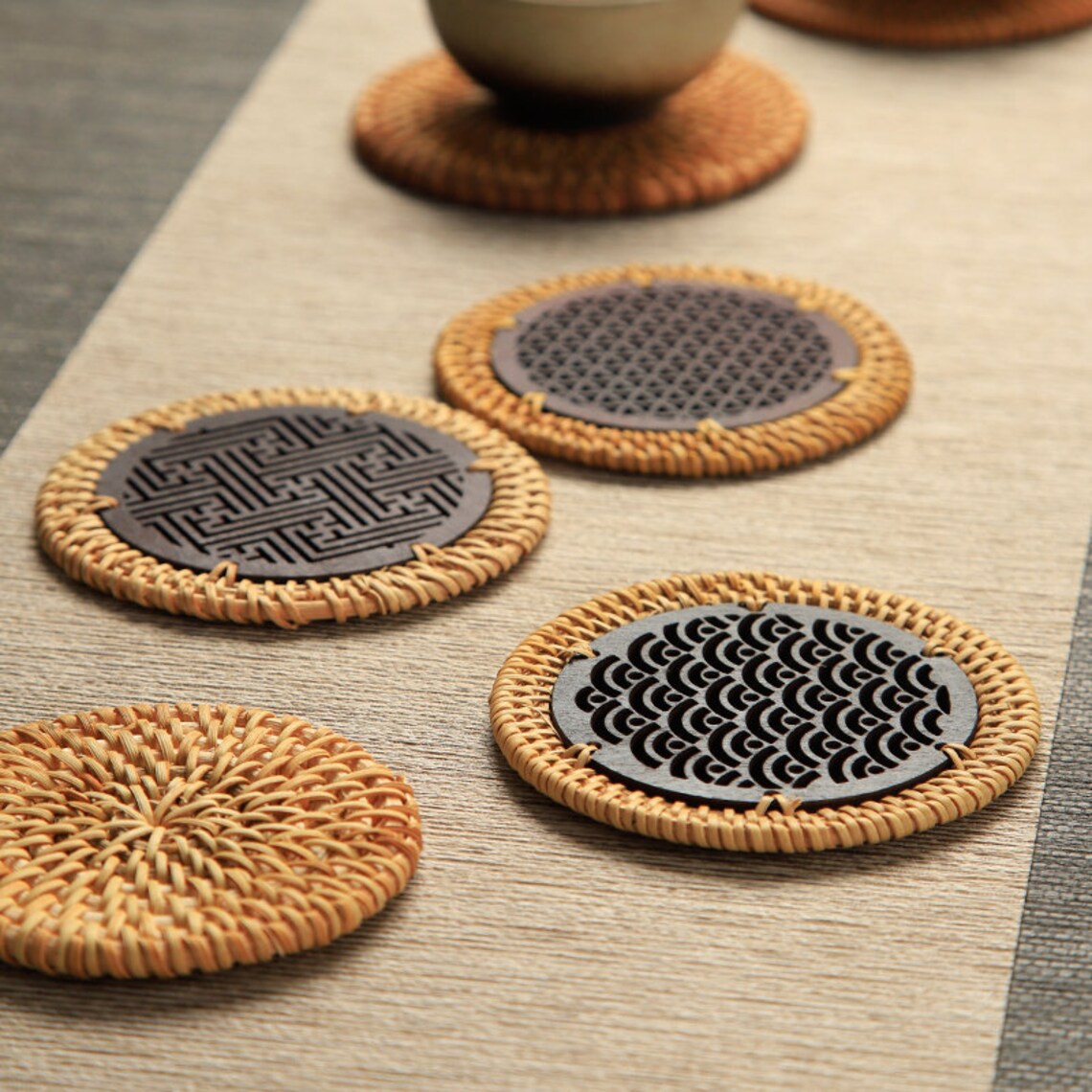 Rattan Coaster Drinkware Handmade Woven Round Retro Coasters Etsy