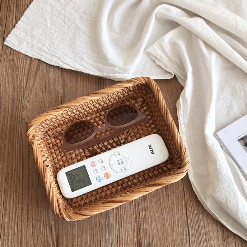 Remote Control Holder Rattan Storage Tray Etsy