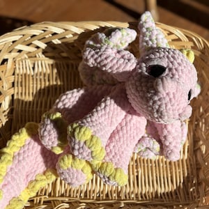 Crochet Lovey Pink Dragon Handmade Stuffie Plush Chenille Yarn Unstuffed Body