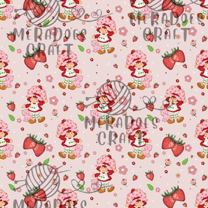 May include: A pink and white seamless pattern featuring a cartoon strawberry character with a pink dress and a cat. The pattern also includes strawberries, flowers, and leaves.