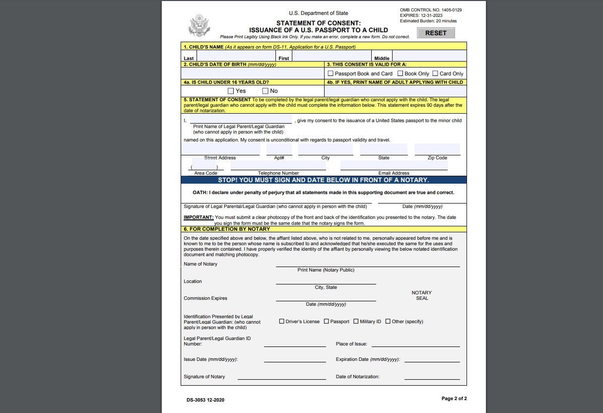 Parents Child Passport Consent form