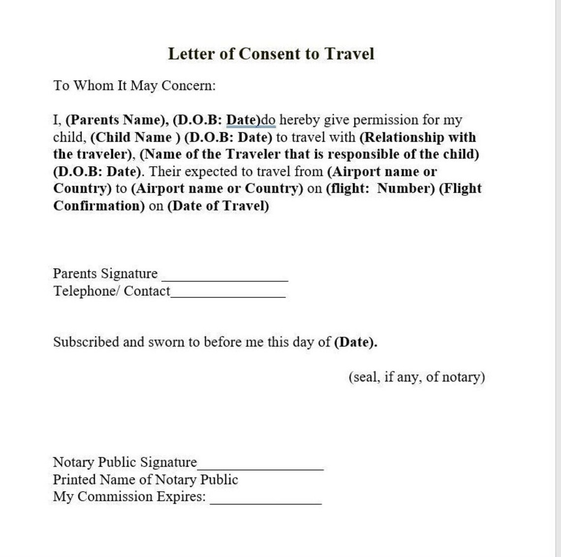 Child Travel Consent Form Template If Need To Be Notarized Please 