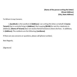 Landlord confirming tenant and monthly payments, could be used for SSN Support, Food Stamps, etc..