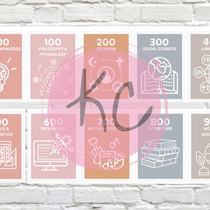 May include: A set of nine printable posters with different subject categories and icons. The posters are in a light pink, light blue, light brown, and light orange color scheme. The posters are numbered 000 to 900, with each number representing a different subject category. The categories include general knowledge, philosophy, religion, social sciences, languages, science, technology, arts and recreation, literature, and history and geography.