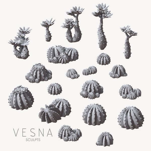 Small Cactus Basing Set - Vesna Basing Bits Volume 2 Golden Barrels and Pachypodium Succlent 3D Printed Basing