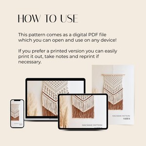May include: A digital PDF pattern for a macrame wall hanging called "Amber". The pattern is shown on a laptop, tablet, and phone screen. The finished wall hanging is shown in the background.