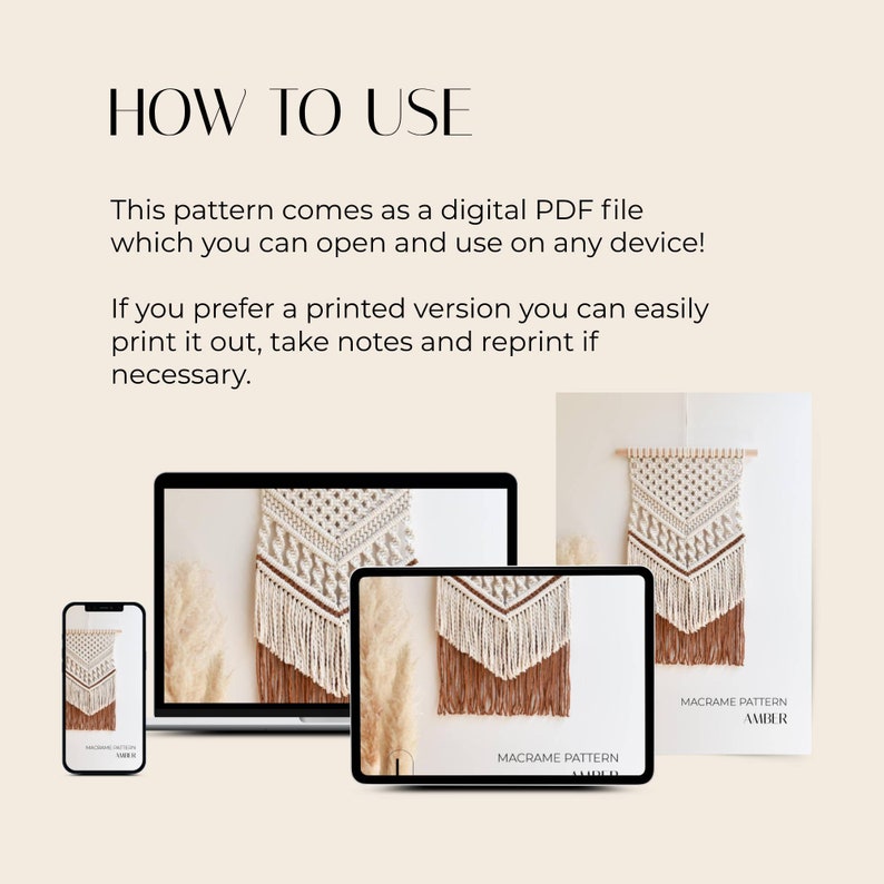 May include: A digital PDF pattern for a macrame wall hanging called "Amber". The pattern is shown on a laptop, tablet, and phone screen. The finished wall hanging is shown in the background.