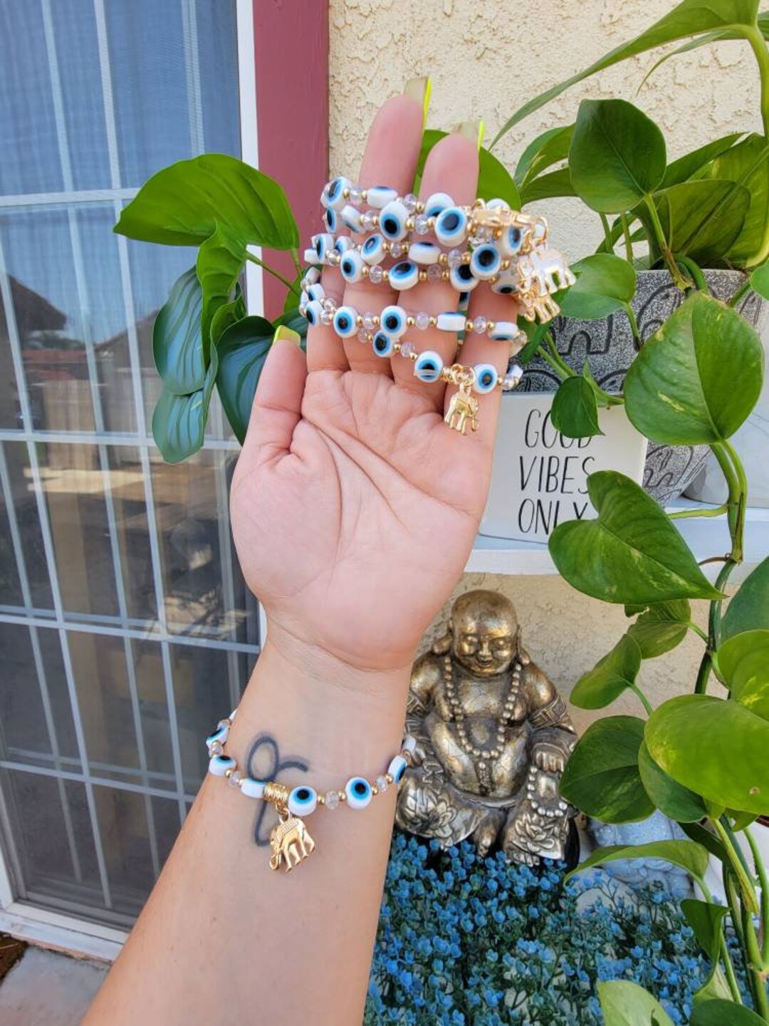 White Evil Eye Elephant Protection Bracelet, Bracelets for Women, Gifts