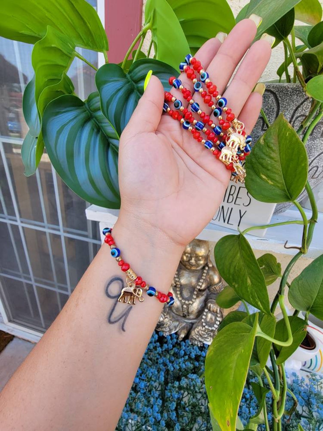 Red Blue Beaded Gold Evil Eye Elephant Bracelet Bracelets for Etsy