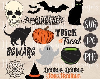 Paquete de Halloween SVG / JPG / PNG / Calavera / Murciélagos / Caldero / Calabaza / Gatos Negros / Tela de Araña / Fantasma / Archivo Digital / Descarga Instantánea