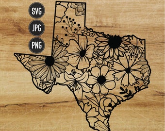 May include: Black and white floral design of the state of Texas.  Floral Texas Digital Files.