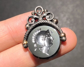 Antik Silber Siegel Anhänger, Hämatit Intaglio Kamee eines römischen Kriegers mit Helm, Brief Siegel Anhänger aus Wachs