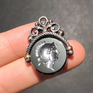 Antique silver signet pendant, hematite intaglio cameo of roman warrior with helmet, wax letter seal fob charm