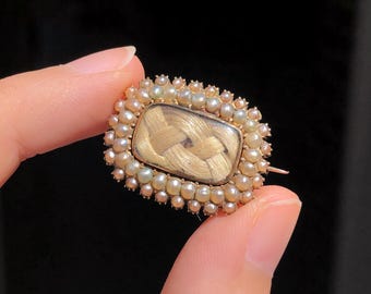 Georgian 9K gold mourning brooch woven hair double seed pearl halo antique