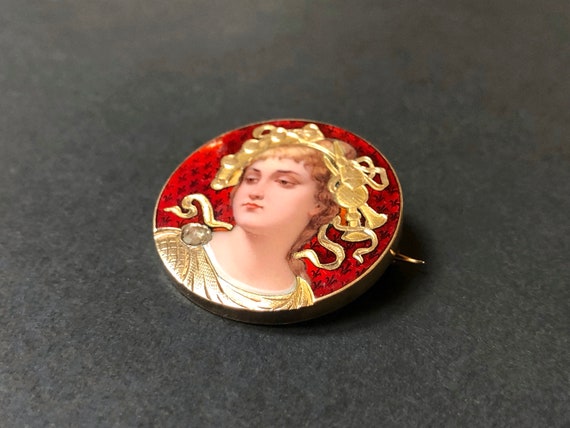 Antique 18k gold French miniature portrait brooch… - image 3