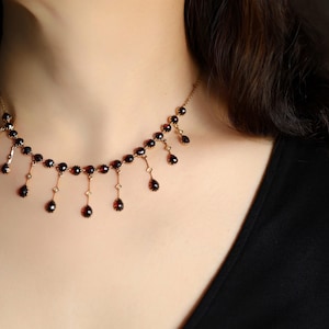 14k gold red garnet necklace fringe rivière seed pearl antique 19th-century Austro-Hungarian