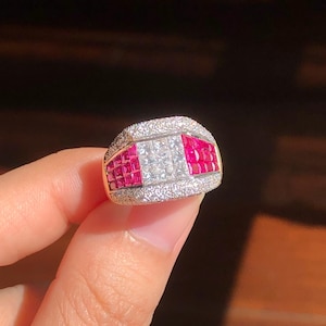 18k gold ruby diamond tank ring Japanese design jewellery princess cut mystery set Invisible Setting