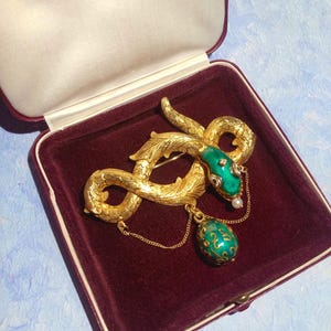 Rare 18k gold enamel snake brooch guilloche animal jewellery handmade Faberge style egg serpent pendant