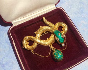 Seltene 18k Goldemail Schlangenbrosche Guilloche Tierschmuck handgefertigter Faberge-Stil Ei Schlangenanhänger