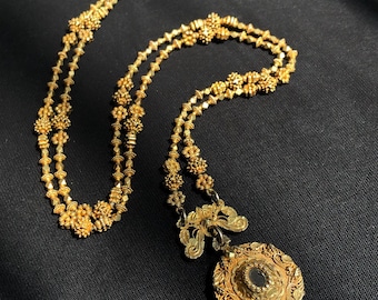 Antique 12k Gold Spanish Colonial Philippine Tamburin Necklace - garnet locket pendant cannetille scroll foliage Georgian