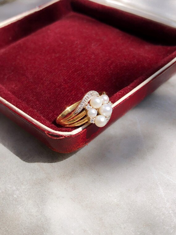 Bague Antique En Or 18k Avec Perle Et Diamants - Motif Floral Cluster - Taille 55 - Occasion