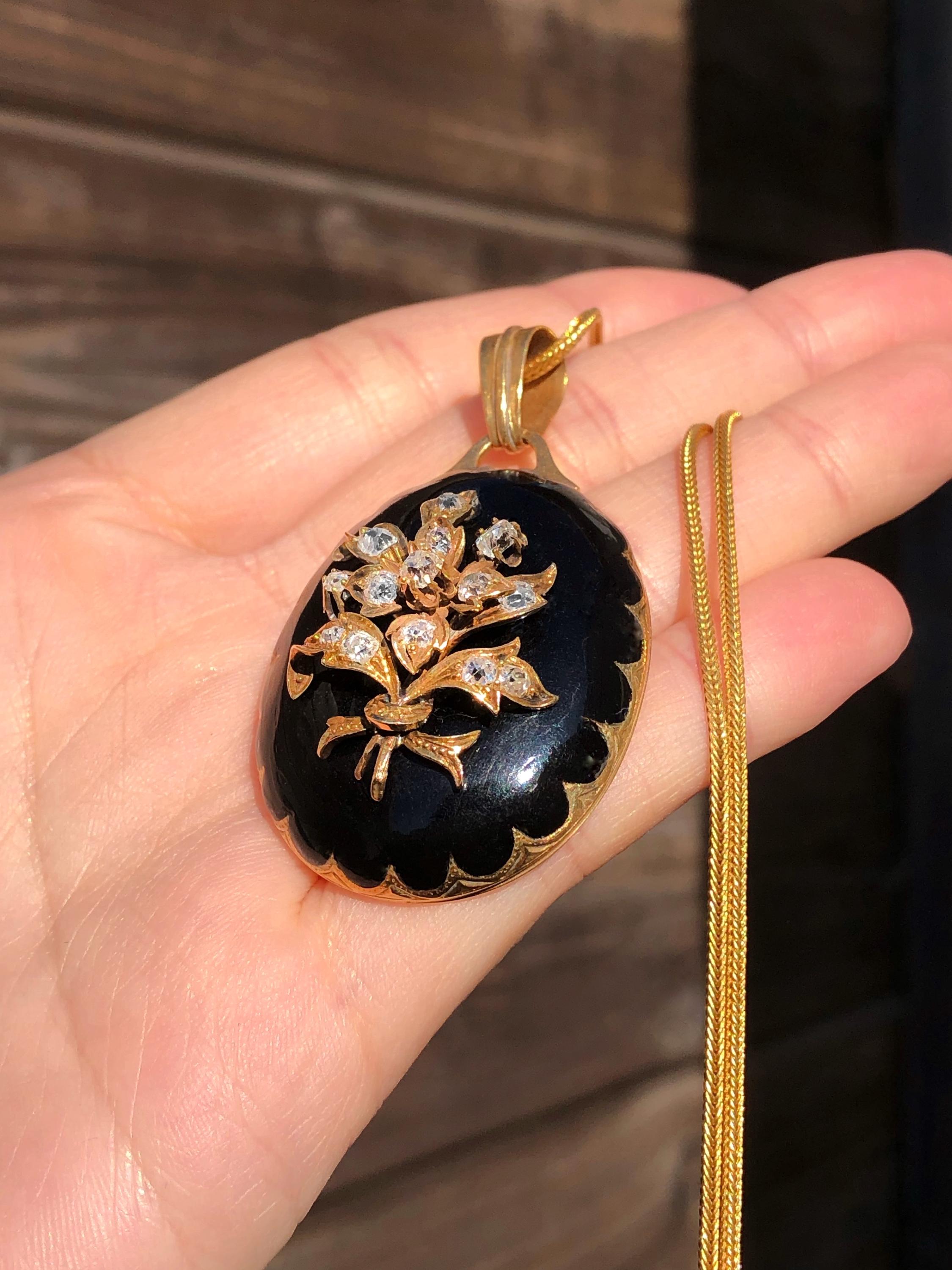 Pendentif Ancien En Or 18k émaillé Noir - Diamant Old Mine Cut, Style Victorien Napoléon