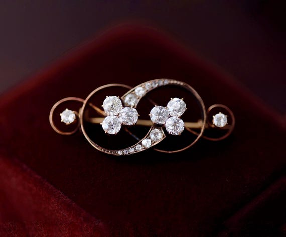 Antique 18k gold brooch old mine cut diamonds floral clover fine jewellery vintage