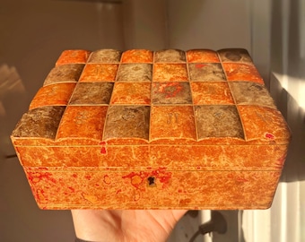 Leather vintage antique jewellery box jewelry case orange / boîte écrin ancien à bijoux en cuir et velours rouge