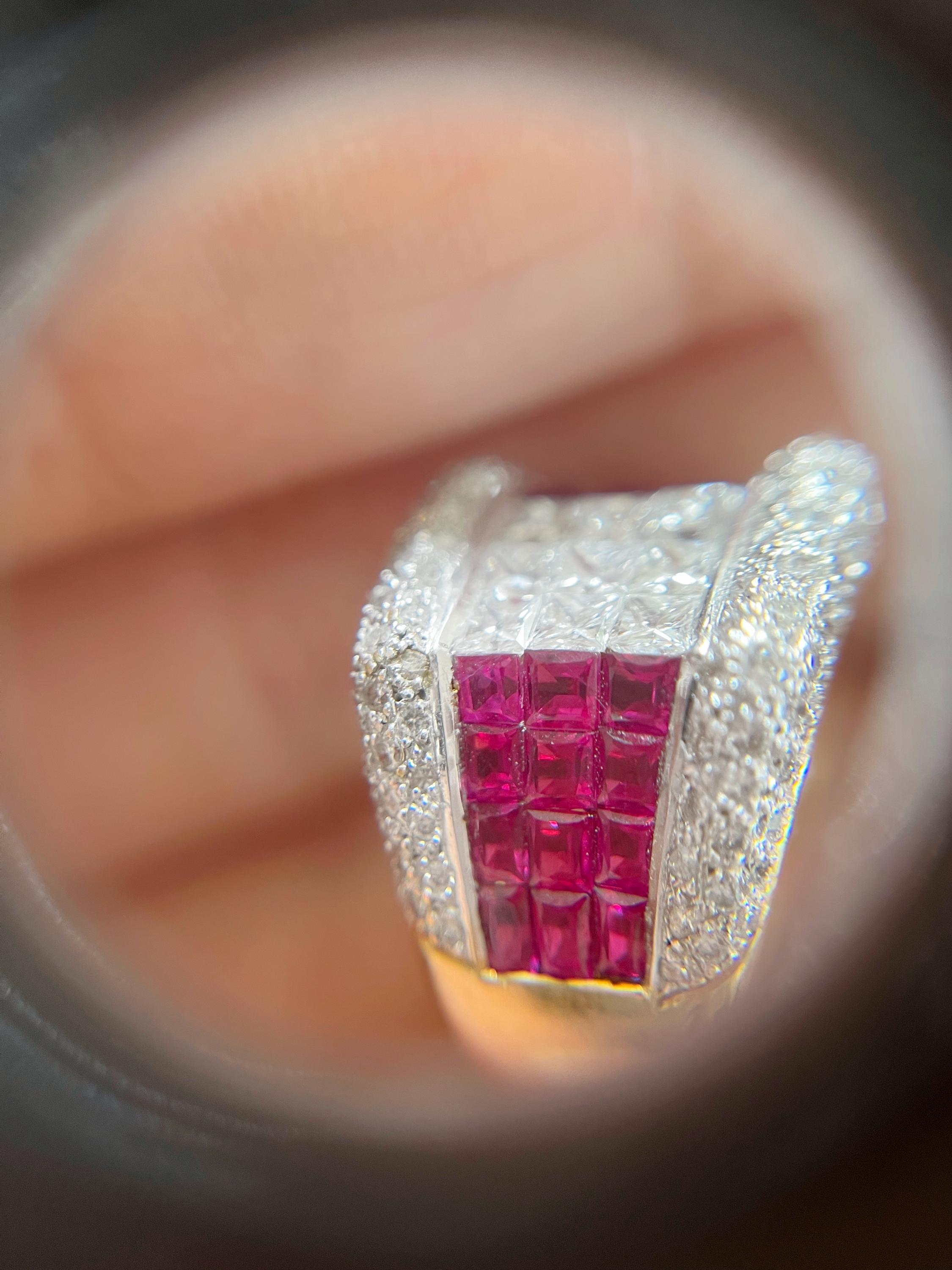 Bague Tank En Or 18k Avec Rubis Et Diamants - Style Princesse - Taille 52