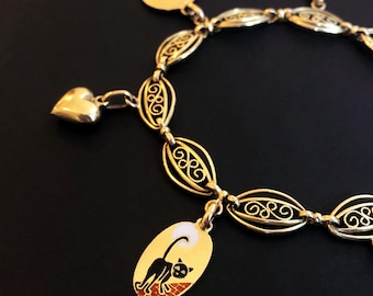 Art nouveau 18k gold chain bracelet charms fancy links vintage antique filigrane filigree mesh