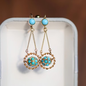 Antique 18K gold turquoise drop earrings orb cabochon dormeuse Victorian