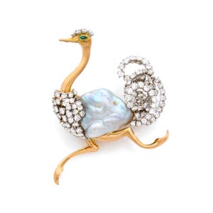 Antique 18k gold ostriches brooch natural baroque pearl wild saltwater creative art jewelry animal