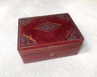 Italian leather vintage antique jewellery box jewelry case velvet red / boîte écrin ancien à bijoux en cuir et velours rouge