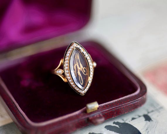 Antique 18k gold ring monogram initial letter mou… - image 1