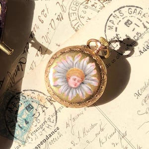 Antique Swiss 14k gold pocket watch pendant from 19th century enamel painting miniature cylindres ruby
