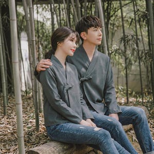 Unisex Modern Hanbok Jeogori-skjorta – Kolgrå långärmad, avslappnad koreansk topp