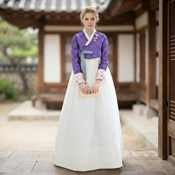 Chaqueta hanbok coreana de seda real color morado oscuro, talla 5XL, con bordado floral