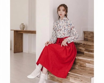 Red Floral Jeogori & Wine Cord Kleid, Casual koreanischen Hanbok Style