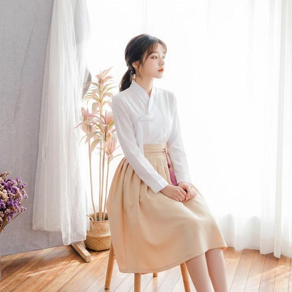 korean traditional dress style Modern Hanbok Set White Blouse And Beige Fusion Wrap Skirt Color: Mint Green