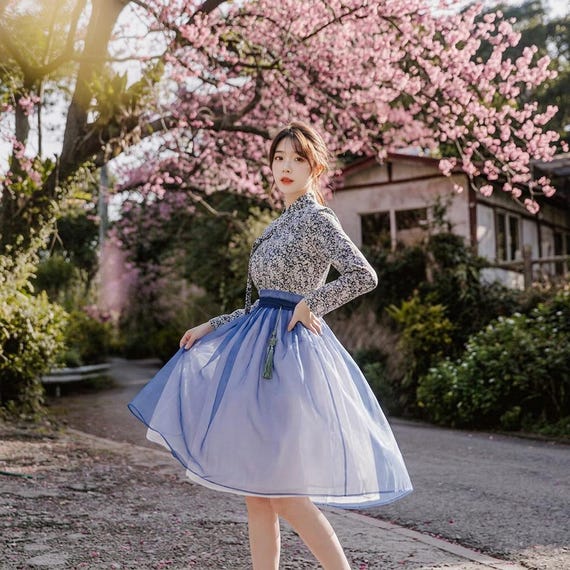 Modern Korean Hanbok Skirt Navy Chiffon Layered A-Line Artisan Crafted Midi High Waist