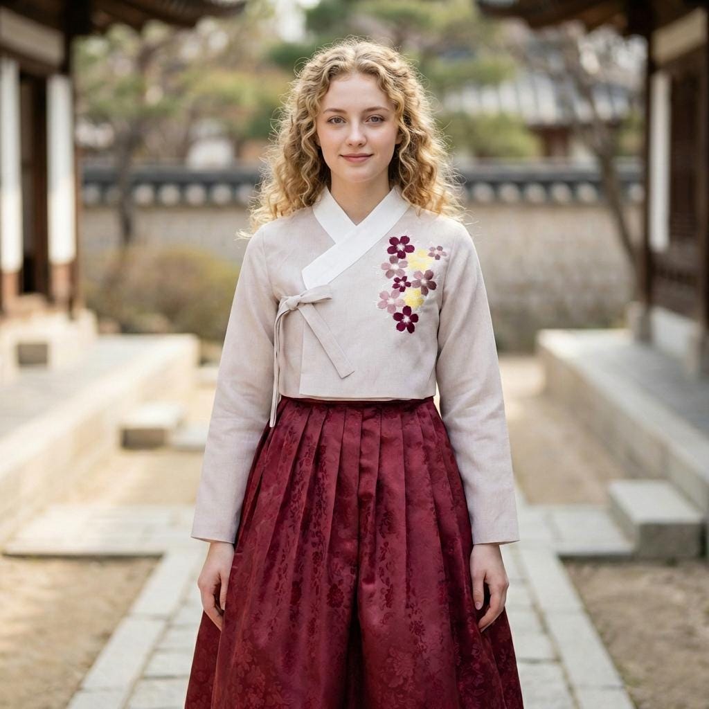 Modern Hanbok Top: Cream Pink Starflower Embroidered Jeogori With
